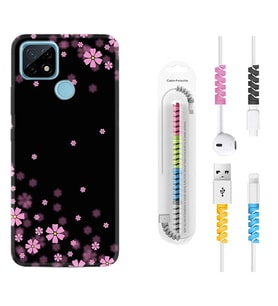 Realme C11 C21 C21Y C25Y C11 2021 Kılıf Kablo Koruma Spiral Silikon Black flowers 1391