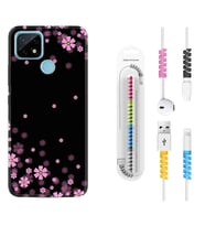 Realme C11 C21 C21Y C25Y C11 2021 Kılıf Kablo Koruma Spiral Silikon Black flowers 1391