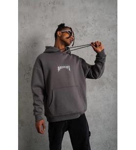 Erkek 3 İplik Pamuklu Kapüşonlu Baskılı Cepli Oversize Sweatshirt Hoodie - Gri