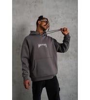 Erkek 3 İplik Pamuklu Kapüşonlu Baskılı Cepli Oversize Sweatshirt Hoodie - Gri