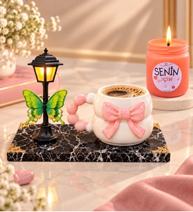 3D Pembe Fiyonklu Kupa Bardak, Sokak Lambası ve Kokulu Cam Mum Seti – Siyah Mermer Tasarımlı Kaideli