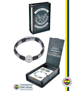 Fenerbahçe Orijinal Lisanslı Fb Logo Mat Onix Doğaltaş Bileklik Kişiye Özel Ahşap Kut (Siyah-Gri)