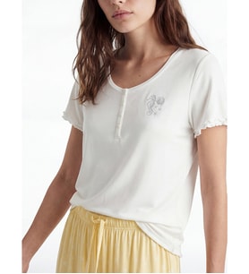 LCW DREAM Ekru Bisiklet Yaka Nakışlı Kadın Pijama Üstü