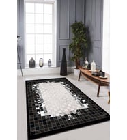 Siyah Deri Görünümlü Kaymaz Tabanlı Dekoratif Halı RV245 - 100 x 160 cm