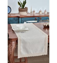 Keten Pamuk Dantelli Runner 50x130 cm Linen Kumaş Masa Örtüsü Sehpa Leke Tutmaz Mutfak Bej