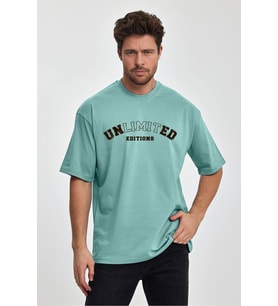 Erkek Oversize %100 Pamuk Unlimited Baskılı T-shirt Yeşil Edw043