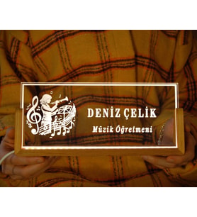 Kadın Müzik Öğretmenine Özel Kişiselleştirilebilir Ahşap Tabanlı LED Gece Lambası, 3D LED Lamba, Masa İsimliği