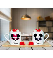 Minnie Mouse & Mickey Mouse Çift Tasarımlı Ahşap Tabaklı Kişiye Özel Türk Kahvesi Fincanı Seti