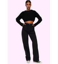 Kadın Pamuk Denim Jean Pantolon Basic Yüksek Bel Geniş Paça Yaz Aylarının Vazgeçilmezi (Siyah)