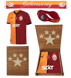 Galatasaray Orijinal 2024/2025 5 Yıldız İç Saha Parçalı Forma Atkı ve Bileklik Hediyelik Ahşap Kutul