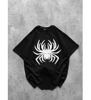 Erkek Örümcek Baskılı Tişört Kısa Kollu Bisiklet Yaka T-Shirt - Siyah