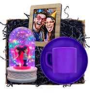 Size Özel Fotoğraflı Hediye Seti Mor Kahve Fincanı ve Renkli Led Işıklı Fanus (Model 6)
