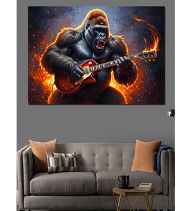 Elektro Gitar Çalan Güçlü Goril Dekoratif Kanvas - Mdf Ahşap Tablo