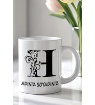 Kişiselleştirilebilir H Harfi Tasarımlı 330ml Baskılı Beyaz Seramik Kupa Bardak (Siyah Beyaz Baskili)