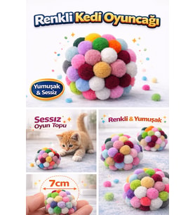 Renkli Ponpon Kedi Oyuncak Topu 7 cm  ( 2 Adet ) – Yumuşak Sessiz Kedi Oyun Topu