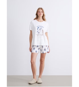 LCW DREAM Ekru Bisiklet Yaka Baskılı Kadın Şortlu Pijama Takımı