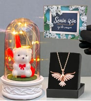 Led Işıklı Fanus ve Zümrüdü Anka Kuşu Kolye Hediye Seti (Model 7)