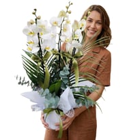 Özel Tasarım Premium 3 Dallı Jumbo Beyaz Orkide Üç Dal Bol Çiçekli Phalaenopsis