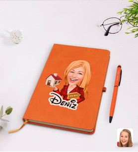 BK Gift Kişiye Özel Kadın Emlakçı Karikatürlü Turuncu Termo Deri Defter Kalem Seti Model 2