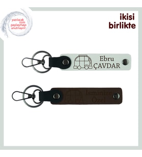 İsim Eklenebilir Deri Anahtarlık, Karavan Motifli Kişiye Özel Hediyelik Set, Beyaz-Koyu Kahve