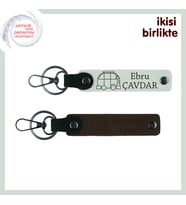 İsim Eklenebilir Deri Anahtarlık, Karavan Motifli Kişiye Özel Hediyelik Set, Beyaz-Koyu Kahve