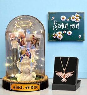 Premium Set - Kişiye Özel Led Işıklı Fanus ve Zümrüdü Anka Kuşu Kolyesi (Model 2)