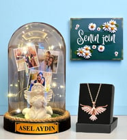 Premium Set - Kişiye Özel Led Işıklı Fanus ve Zümrüdü Anka Kuşu Kolyesi (Model 2)