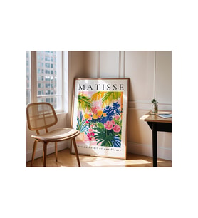 Ahşap Çerçeveli 33x48 1 Adet Siyah Yazılı Matisse Tarzı Sarı Pembe Çiçekli Saksılı Posterli Tablo