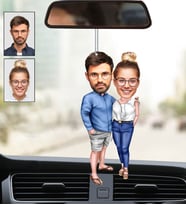 Kişiye Özel Fotoğraflı Tatlı Çift 2 Tasarımlı Karikatür Araba Dikiz Ayna Süsü