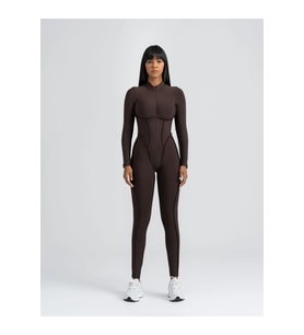 Kahverengi Sculpt Line Uzun Kollu Spor Tayt Tulum