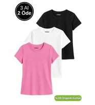 Kadın 3'lü Paket Siyah-Beyaz-Pembe %100 Organik Pamuk Normal Kesim Tişört Bisiklet Yaka T-Shirt