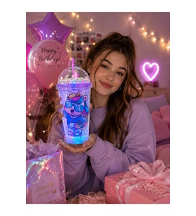 450 ML Led Işıklı Pipetli İçecek Bardağı Boncuklu Sevimli Unicorn Tasarımlı Suluk Mavi 2646