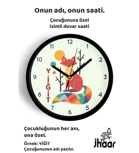 İsme Özel Sevimli Tilki Çocuk Odası Duvar Saati Orta Boy 30 cm Siyah Camlı Sessiz