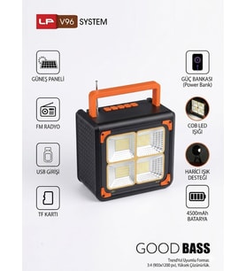 V96 System Güneş Enerjili Kablosuz Bluetooth Hoparlör, Powerbank ve Çok Fonksiyonlu LED Aydınlatma Sistemi (Good Bass)