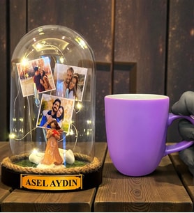 Size Özel Tasarım Led Işıklı Fanus ve Mor Kupa Bardak Hediye Seti (Model 9)