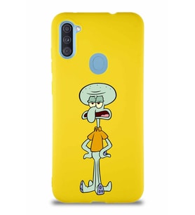Samsung Galaxy M11 Soft Premier Kapak Squidward Dokunaç Tasarımlı Silikon Kılıf - Sarı (Şeffaf)