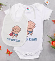 BK Kids Süper Kızan Tasarımlı Beyaz Bebek Body Zıbın ve Mama Önlüğü Hediye Seti-1