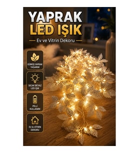 Gümüş Yaprak Tasarımlı Pilli LED Dekoratif Işık Ev ve Vitrin Süsü