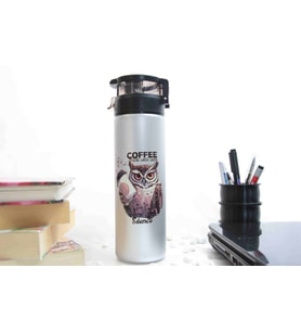 Coffe Slience Baykuş Temalı - Renkli Baskılı Cam Suluk & Termos - 550 ml