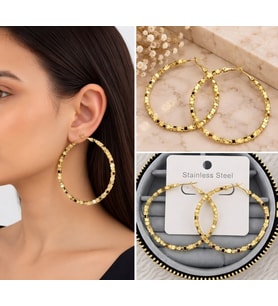 Premium Parlak ve Şık Gold Renk Taş Dokulu Büyük Halka Kadın Çelik Küpe