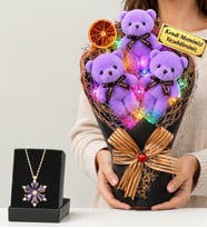 Doğum Günü Hediyesi Kişiye Özel Renkli LED Işıklı Peluş Ayıcık Buketi (Mor) ve Gerçek Ametist Taşlı Lotus Kolye