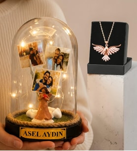 Kişiye Özel 3 Fotoğraflı Şans Melekli Led Işıklı Fanus ve Zümrüdü Anka Kuşu Kolye