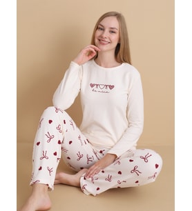 MIRANO 3104 Waffle Soft Kumaş Kalpli Fiyonklu Kışlık Ev Kadın Pijama Takımı