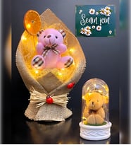 Led Işıklı Pembe Ayıcık Buketi ve Led Işıklı Peluş Ayıcıklı Fanus  Hediye Seti