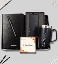 Kişiye Özel Siyah Defter & Gri Renk Tükenmez Kalem & 10.000 Mah Siyah Renk Powerbank &  Kişiye Özel Kulplu 280ml Çelik Termos Hediye Seti