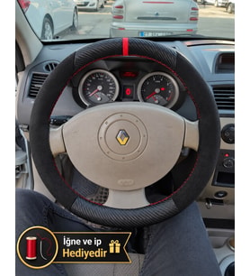 Renault Kangoo 2 Dikme Direksiyon Kılıfı Alcantara Süet Mat Karbon Kırmızı Yüzük ve Dikiş 2008-2012