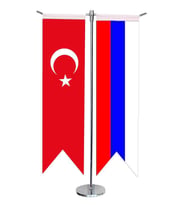 Masa Üstü Kırlangıç Rusya + Türk Bayrağı + Krom T Direk Masa Bayrak Seti
