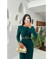 Neşeli butik kadın bel dekolteli toka detaylı uzun kollu elbise NBMY3655 (Yeşil)