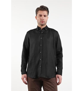 Uzun Kol Düz Keten Düğmeli Yaka Cepsiz Casual Comfort Fit Gömlek 1004250114 (Siyah)