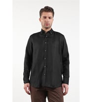 Uzun Kol Düz Keten Düğmeli Yaka Cepsiz Casual Comfort Fit Gömlek 1004250114 (Siyah)